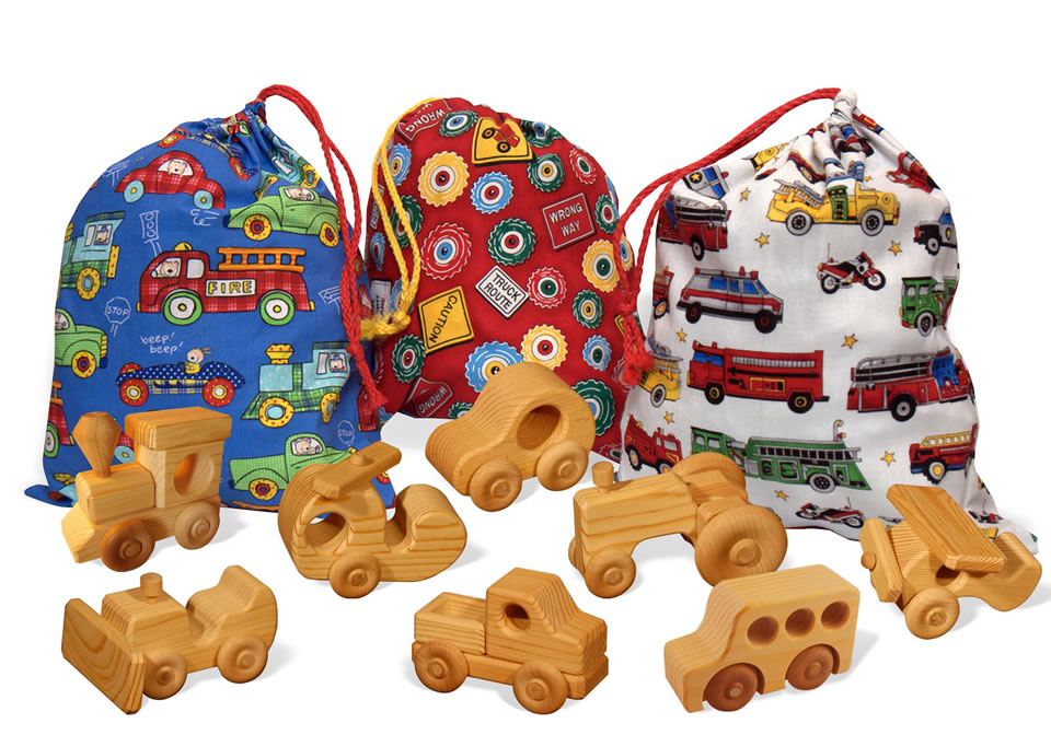 totes with wooden toys